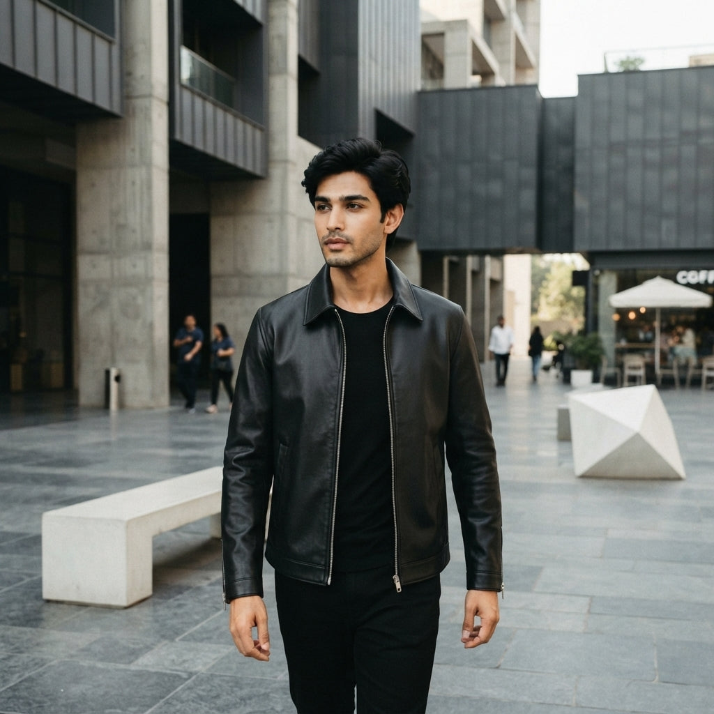 A young Indian man wearing a black faux leather jacket in an urban setting.