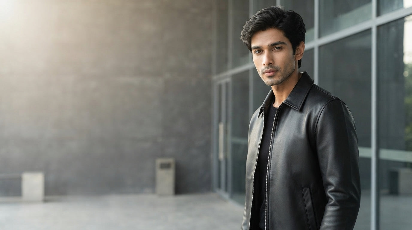 South Asian man wearing a black faux leather jacket in a modern, minimalist urban setting with clean, open space.