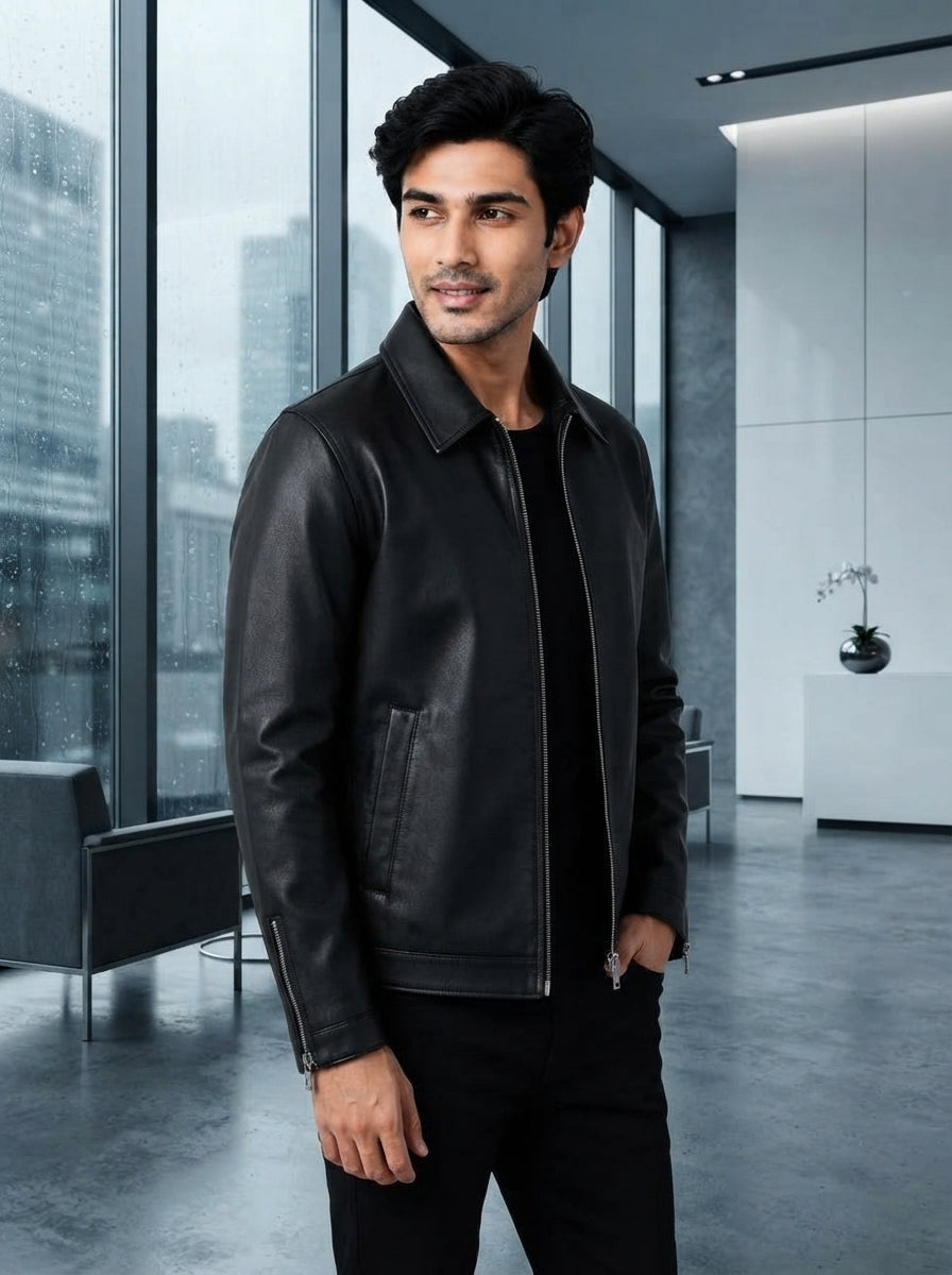 A professional South Asian man wearing a black faux leather jacket in a modern office with a city view.