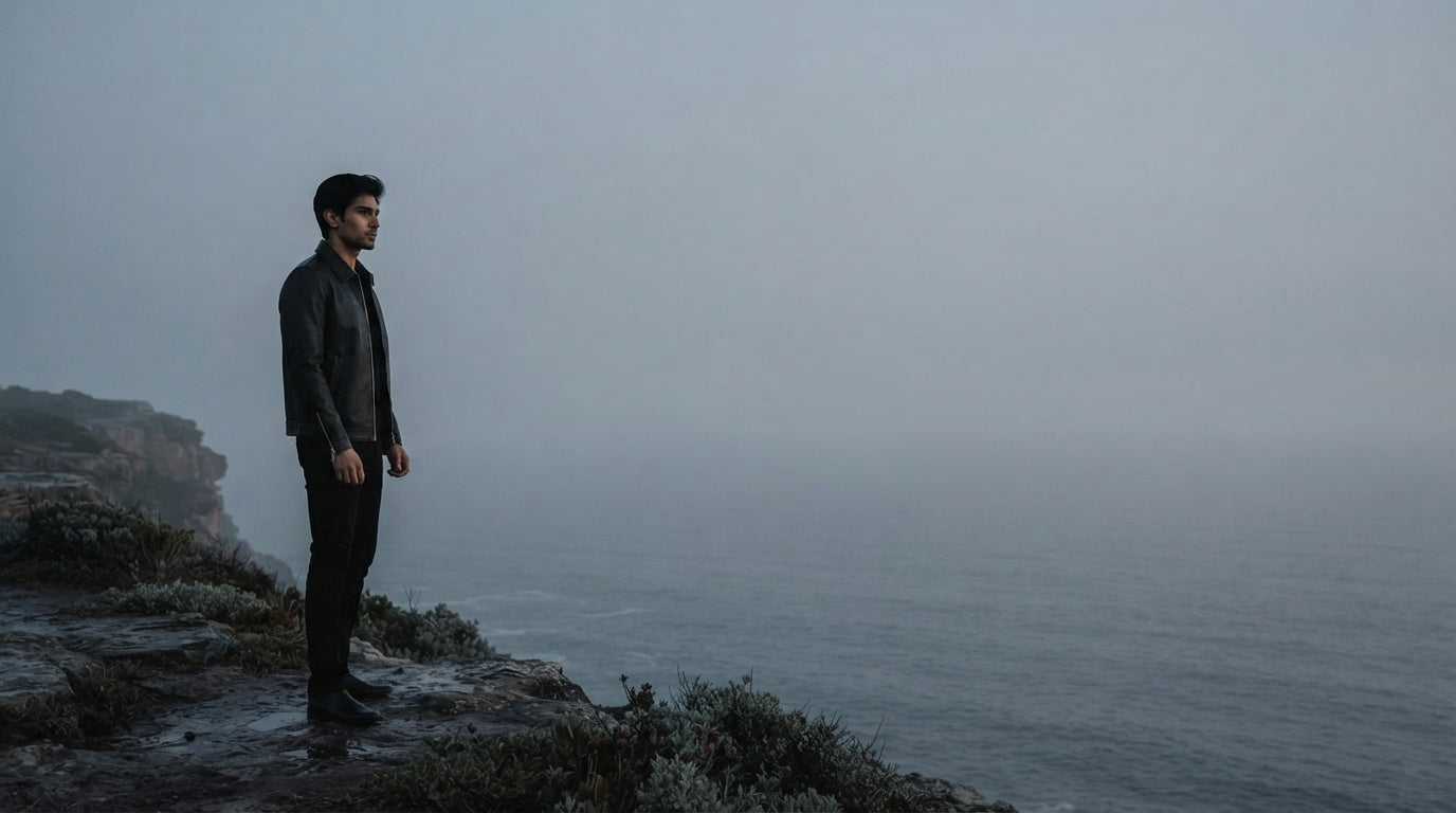A South Asian man in a black faux leather jacket stands on a coastal cliff against a calm, misty gray sky.